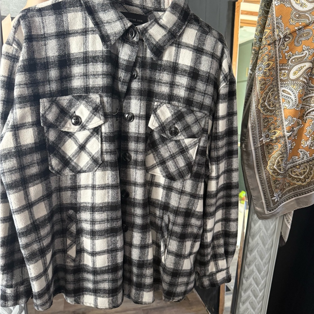 Black and White Plaid Button-Up Jacket